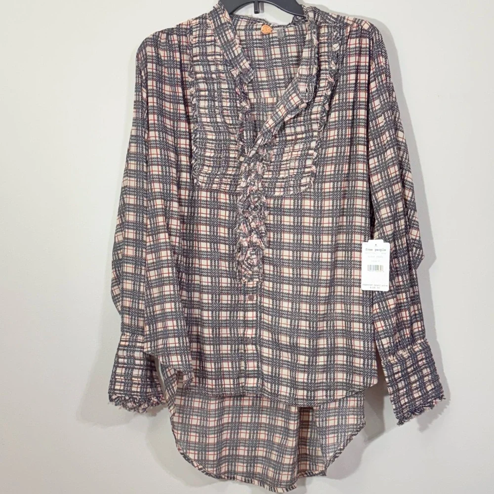 Free People FP One Plaid Ruffle‎ Smocked Tunic Blouse NWT S Small